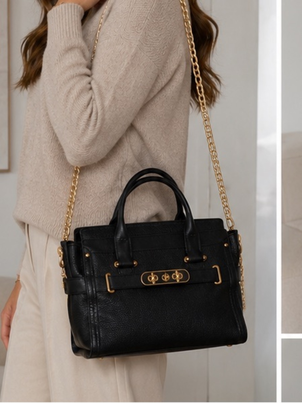 Coach Black Pebbled Leather Turnlock Satchel Tote Gold Chain Shoulder Bag